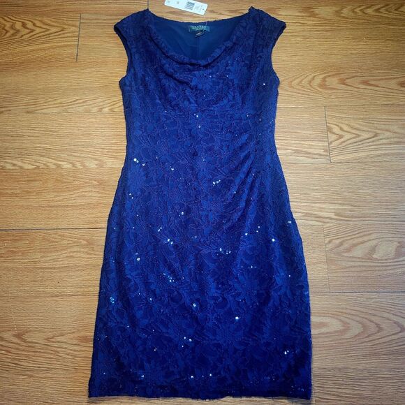 Ralph Lauren Women's Formal Dress Size 12 Navy Blue Sequins Cowl Neck New W Tags - Picture 1 of 16